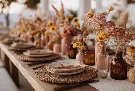 An inviting table setting features floral arrangements and decorative plates, illuminated by soft natural light. The warm color palette and textures create a welcoming atmosphere. Suitable for editorial projects and commercial use, this image evokes a sense of celebration and aesthetic beauty.の素材