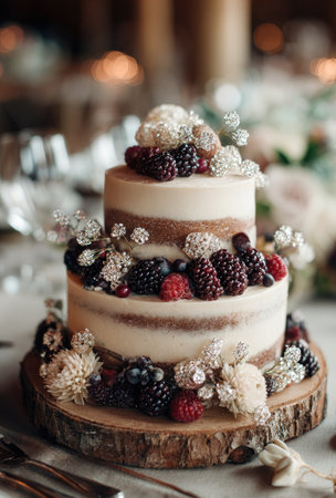 A beautifully decorated two-tiered cake is presented on a wooden base. The cake features a light-colored frosting with berries and delicate floral accents. The composition showcases a close-up view with soft lighting, suggesting an indoor setting. This image is suitable for various commercial uses, including advertisements and editorial content.の素材