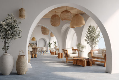 An interior space displays architectural arches, providing a sense of depth and structure. The scene includes furniture arrangements, with chairs and tables. Decorative elements, such as hanging light fixtures and plants, enhance the ambiance. This setting is suitable for various commercial uses, including lifestyle and design contexts.の素材