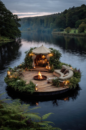An outdoor scene features a small wooden platform on water hosting a tent, seating, and a fire pit. The scene is lush with green vegetation and illuminated by soft lighting. It could be used for conceptual imagery, travel promotions, or luxury lifestyle content.の素材