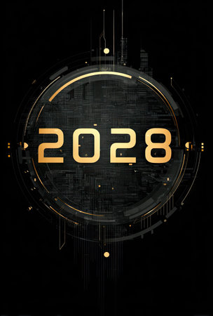 A digital sphere displaying the year 2028 is presented on a black backdrop. The design incorporates gold numerals and intricate circuit patterns, suggesting a technological or futuristic theme. The image is likely suited for commercial projects and could be used in various applications, such as promotional materials.の素材
