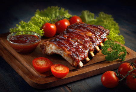 A close-up image showcases a rack of grilled BBQ ribs atop a wooden board. Accompanied by fresh tomatoes and lettuce, the ribs display a glossy, reddish-brown glaze. The composition is set against a dark background, suggesting a restaurant or home-cooking scenario. Suitable for culinary, food blogs, or editorial content.の素材