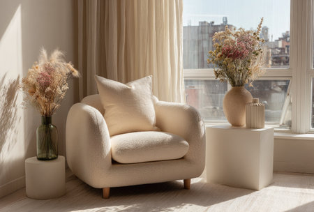 An inviting interior scene features a comfortable armchair next to a window. Dried flowers in vases add a touch of color to the neutral palette. Sunlight streams through, creating soft shadows. This image could be used for various purposes, including editorial and commercial projects.の素材