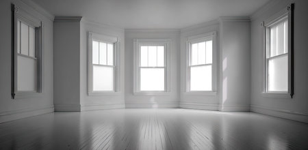 An empty room bathed in sunlight features multiple windows and a hardwood floor. The composition highlights architectural details with a neutral color palette. This image may be suitable for various commercial or editorial uses, showcasing interior design and space.の素材