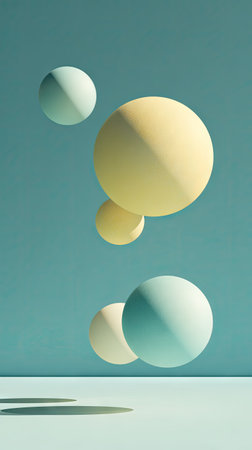 This image presents several spheres in varying sizes, suspended against a solid teal backdrop. The spheres exhibit soft pastel hues and subtle gradients, suggesting smooth textures and gentle lighting. The composition creates a sense of levitation, possibly suitable for abstract or conceptual uses across various media.の素材