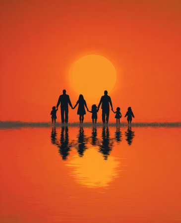Silhouetted family members are seen holding hands in front of a setting sun. The composition includes reflections on a body of water. The warm color palette and simple shapes create a sense of harmony. Suitable for various projects, it could be used in themes related to family, love, and life.の素材