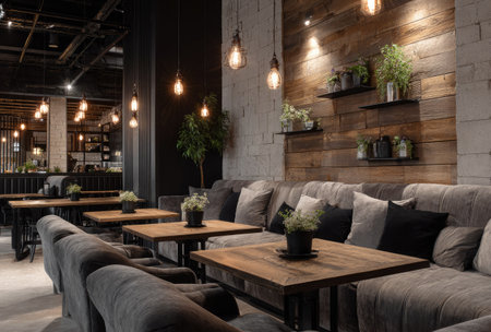 This interior showcases a restaurant's stylish design. It features wooden walls, comfortable seating areas with pillows, and decorative plants. The lighting creates a warm atmosphere, with a focus on textures and materials. This image may be suitable for architectural, lifestyle, and design-related commercial uses.の素材