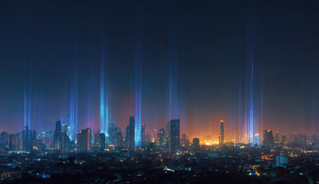 An aerial view presents a nighttime cityscape dominated by tall, illuminated skyscrapers. Vertical beams of light emanate from the buildings, creating a futuristic aesthetic. The composition features a gradient of colors from dark blues to orange, suggesting a combination of natural and artificial lighting. Suitable for various commercial and conceptual applications.の素材