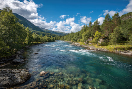 A river carves through a verdant valley, reflecting the blue sky dotted with clouds. The water appears clear and flows rapidly. Surrounding the river are trees and green vegetation. This image may be suitable for illustrating nature, travel, or environmental themes in various publications.の素材