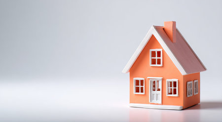A small, orange house model sits on a white surface against a plain backdrop. The composition features sharp focus, suggesting a clean, modern aesthetic. The lighting is bright and even, casting soft shadows. This image could be used in advertising, web design, or editorial content related to home ownership.の素材