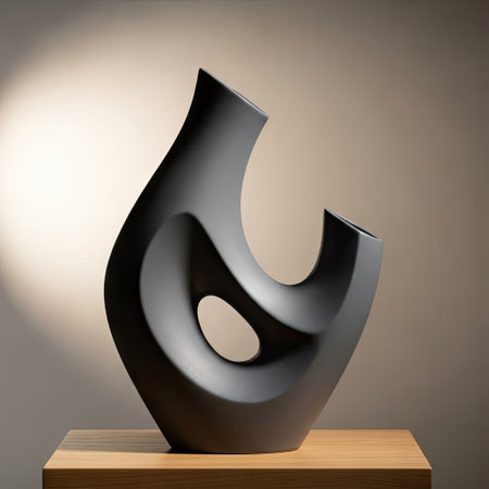 A dark, modern sculptural object is presented against a neutral backdrop. The artistic piece features fluid lines, with open spaces. Its matte surface is highlighted by focused lighting. This image could be used in design, advertising, or as an element in visual storytelling.の素材