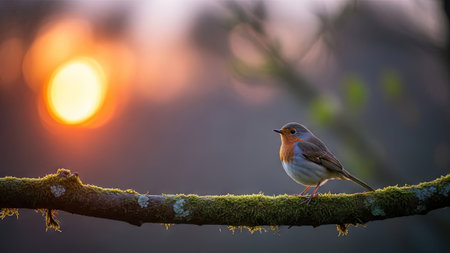 A small bird with reddish-orange plumage rests on a moss-covered branch, set against a blurred background of a sunset. The composition uses shallow depth of field, with soft focus on the bird. The image uses natural light and tones, creating a tranquil atmosphere suitable for various visual projects.の素材