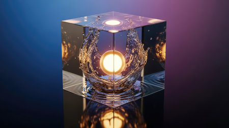 A transparent cube features a water splash encapsulating a central glowing orb. The composition uses cool blue and purple tones with warm highlights. The image is rendered with a smooth, digital style and employs dramatic lighting. Suitable for use in conceptual art, design projects, and visual marketing campaigns.の素材