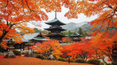 A vibrant landscape showcases a traditional pagoda framed by lush trees ablaze with autumn colors. The image captures a blend of architectural elements and natural beauty. This photograph conveys a sense of peace and seasonal transition, suitable for various uses.の素材