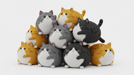 A group of cartoon cats is arranged against a plain white backdrop. The cats showcase a variety of colors, including orange, gray, and black, and feature a rounded shape. The lighting is soft, creating minimal shadows. This image could be suitable for various commercial purposes, such as illustrations and website graphics.の素材