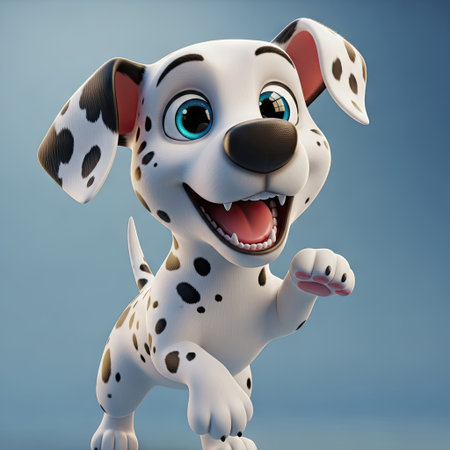 A cartoon-style Dalmatian puppy is depicted against a simple, pale blue backdrop. The pup, with its distinctive black spots, white fur, and pink accents, smiles cheerfully. The overall style is clean and vibrant, suggesting a digital illustration suitable for various commercial or educational projects.の素材