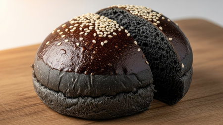 Two dark-colored burger buns are displayed on a wooden surface, showing a glossy texture. The buns are topped with sesame seeds. The image features a shallow depth of field, with soft lighting enhancing the food's appearance. Suitable for culinary, food, or restaurant-related promotional materials.の素材