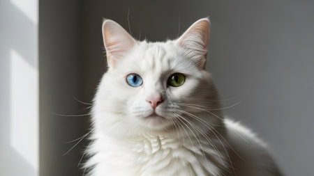 A close-up shot captures a white cat with long fur, featuring striking blue and green eyes. The image highlights the cat's soft texture and elegant form, set against a neutral backdrop. Natural light illuminates the subject, suggesting an indoor setting. Suitable for various commercial and artistic projects.の素材