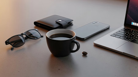 This image showcases various objects on a neutral surface, including a coffee cup, wallet, smartphone, sunglasses, and a laptop. The lighting appears soft, possibly from a natural source. The composition suggests a workspace environment. It may be suitable for editorial use or as a visual representation of business and lifestyle.の素材