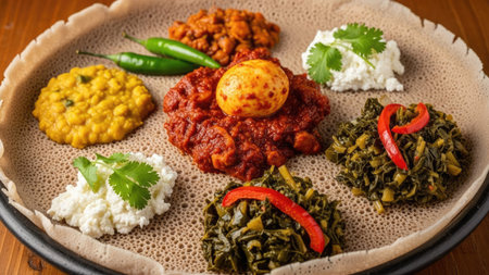 An overhead shot presents a vibrant array of Ethiopian dishes arranged on a large, circular injera bread. The composition showcases a variety of textures and colors, including reds, greens, and yellows. The lighting is bright, and the arrangement is centered, suggesting a culinary focus suitable for visual content and food-related projects.の素材