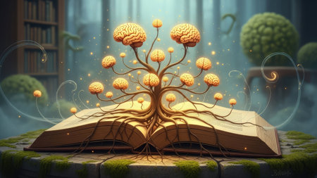 An open book serves as a foundation for a tree of brain-like forms. The image showcases vibrant colors with a focus on details. The composition may suggest intellectual growth, knowledge acquisition, and the expansion of the mind. Suitable for educational or conceptual design projects.の素材