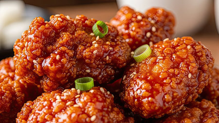 This image showcases a close-up of several pieces of fried food, likely a meat or vegetable. The food is coated in a shiny, reddish-brown sauce and sprinkled with sesame seeds and green garnishes. The lighting appears soft, possibly from a studio setup, with the focus on textures. Ideal for culinary promotions and food-related projects.の素材