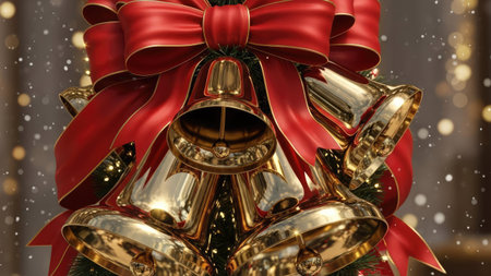 A close-up view presents golden bells adorned with a vibrant red bow. The composition highlights the shiny metallic surfaces and detailed textures. The soft focus background suggests a celebratory indoor setting, potentially suitable for holiday-themed visual projects or decorative applications.の素材