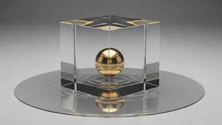 A polished golden sphere rests within a clear, square cube. The cube sits atop a reflective circular surface, creating symmetrical reflections. The composition utilizes a clean, modern aesthetic with strong lighting, highlighting the textures and forms. Suitable for illustrating concepts of balance, innovation, and technological advancements.の素材