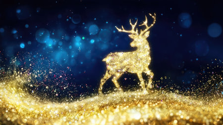 A radiant golden deer silhouette is set against a dark blue background with sparkling bokeh effects. The image features a textured, artistic style with high contrast and dynamic lighting. This composition could be suitable for various commercial applications, including decorative designs and digital artwork.の素材