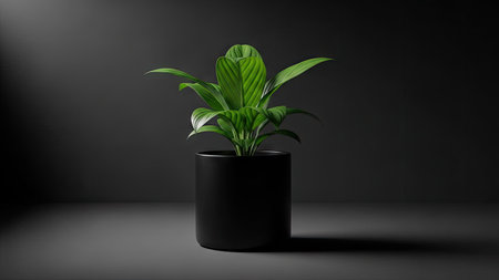 A vibrant green plant thrives in a black pot, set against a dark, minimalist backdrop. The overhead lighting creates a dramatic shadow, highlighting the plant's leaves. This image offers visual appeal suitable for various commercial uses, including advertising and editorial content. The composition emphasizes simplicity and freshness.の素材