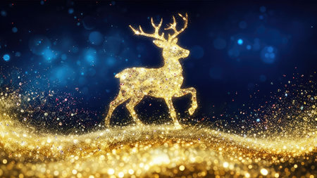 A golden reindeer silhouette is depicted against a deep blue backdrop, highlighted by sparkling particles. The image showcases a festive ambiance, potentially suitable for holiday-themed marketing or illustrative purposes. Its visual style is characterized by a luminous quality, emphasizing a sense of magic and elegance, appealing for various creative applications.の素材