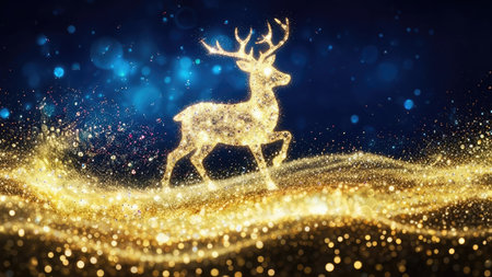 A radiant golden reindeer silhouette stands gracefully against a deep blue backdrop. Swirling golden particles create a sense of movement and depth. The artwork features a glowing effect with soft lighting. This image is suitable for festive designs or various commercial projects.の素材