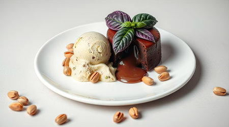A delectable dessert featuring a warm chocolate lava cake, complemented by a scoop of ice cream and scattered pistachios, presented on a white plate. The image showcases a close-up perspective, emphasizing textures and colors. This composition could be used for culinary projects or food-related publications.の素材