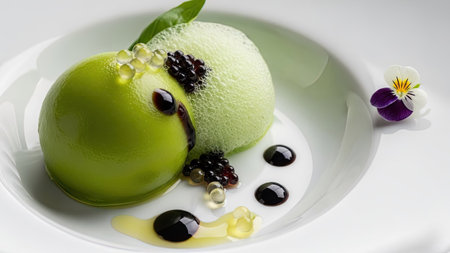 A close-up captures a meticulously arranged dessert on a white plate. Two vibrant green spheres are juxtaposed with a delicate foam and dark berry accents. The composition is further enhanced by decorative droplets and a single flower. This image is suitable for culinary presentations and commercial food-related projects.の素材