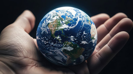 A hand cradles a miniature Earth globe, a vibrant sphere of blue and green, set against a dark backdrop. The composition features soft lighting, highlighting the world's continents and oceans. This image, with its conceptual symbolism, is suitable for various commercial uses related to global issues.の素材