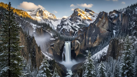 A scenic landscape showcases a cascading waterfall framed by towering snow-covered mountains. The composition features a mix of textures from rock and water to evergreen trees. The lighting suggests daytime with a bright sky. This image is suitable for various commercial uses related to travel, nature, or environmental themes.の素材