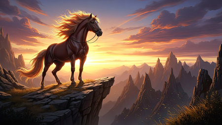 A horse stands on a rocky cliff, silhouetted against a dramatic sunset. The image displays warm colors like orange and gold in the sky, and cooler tones on the mountain range. The style evokes a sense of fantasy and adventure. This imagery could be utilized for various creative or commercial projects.の素材