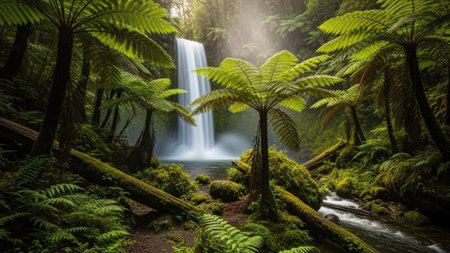 A tranquil forest scene showcases a waterfall cascading into a clear pool, surrounded by ferns and palm trees. The composition utilizes natural light and shadow, highlighting the green foliage and textured surfaces. This imagery is suitable for environmental themes, travel publications, or other commercial projects seeking a sense of serenity.の素材