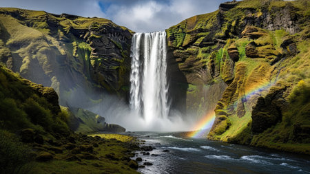 A powerful waterfall plunges into a flowing river, surrounded by steep, green cliffs. A vivid rainbow arches across the spray, enhancing the scene's beauty. The composition features rich colors, textures, and natural lighting. This image may be suitable for travel, nature, or environmental themed projects.の素材