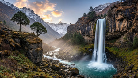 A powerful waterfall plunges into a river, surrounded by towering mountains and lush greenery. The composition showcases natural textures, with rock formations, trees, and flowing water illuminated by soft light. This scenic view could be used for travel, environmental, or artistic purposes.の素材