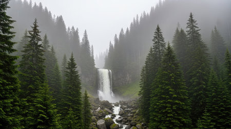 A powerful waterfall plunges into a rocky basin, framed by a dense forest of evergreen trees. The scene is enveloped in a soft mist, creating a serene and atmospheric ambiance. The composition features a natural color palette of greens, grays, and whites. This image can be used for various commercial or editorial applications.の素材