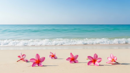 The image features pink flowers scattered on a sandy beach. The composition includes the ocean meeting the horizon, with a clear blue sky overhead. The scene uses natural lighting. Suitable for travel brochures, websites, and marketing materials, or editorial use.の素材