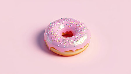A single glazed donut sits against a light pink backdrop. The donut features a pink glaze with colorful sprinkles. Warm lighting highlights the textures and shapes of the treat, creating a simple composition suitable for various culinary, food-related, or lifestyle projects.の素材