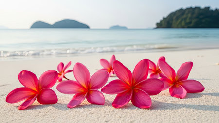 Bright pink frangipani flowers rest on a sandy beach, contrasting with the turquoise ocean. The composition features a shallow depth of field, with soft focus on the background islands. The scene is bathed in natural daylight suggesting a tropical environment, suitable for various commercial uses.の素材