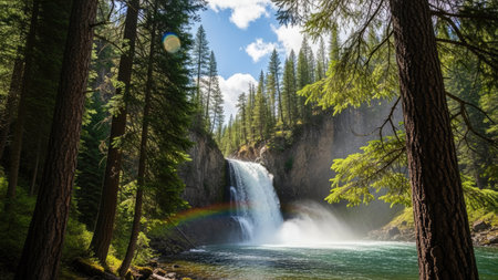 A vibrant waterfall plunges into a pristine pool, framed by tall, verdant trees. The scene showcases a natural environment with bright sunlight filtering through the foliage. The image, with its composition and colors, may be suitable for various commercial and editorial applications, emphasizing nature and tranquility.の素材