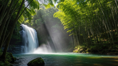 A stunning waterfall plunges into a clear pool, reflecting the vibrant green of the surrounding forest. The composition features a dynamic balance of light and shadow, with sunlight streaming through the trees. This image evokes a sense of serenity and is suitable for various editorial and commercial applications.の素材