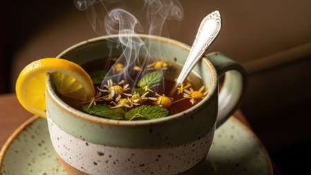 A close-up shot showcases a cup of herbal tea with steam rising, featuring a lemon slice and fresh herbs. The warm beverage is presented in a ceramic mug, with a spoon inside. The image exhibits a shallow depth of field, with soft lighting enhancing the textures, perfect for various commercial applications.の素材