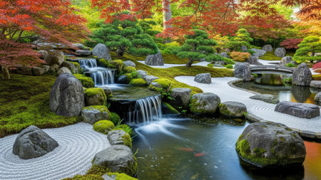 A serene Japanese garden is showcased with waterfalls cascading over rocks into a reflective pond. The scene features lush green moss, trimmed trees, and vibrant autumn foliage. Soft natural light illuminates the tranquil environment. Suitable for editorial and commercial projects needing a calming, natural aesthetic.の素材