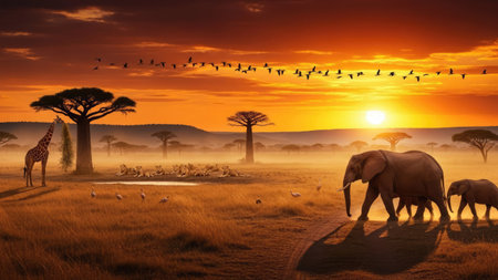 An illustrated African sunset presents elephants giraffes and various trees set against a vibrant sky. The artwork showcases warm colors like orange and brown with a soft, hazy atmosphere. The composition includes silhouettes and natural elements, possibly suitable for nature-themed projects, educational content, or illustrative purposes.の素材