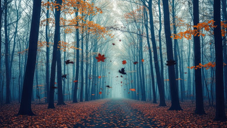 An autumn forest scene depicts a pathway through tall, slender trees with colorful falling leaves. The composition emphasizes perspective, leading the eye along the path. The color palette includes earth tones with hints of red and yellow. Suitable for various editorial and commercial applications.の素材